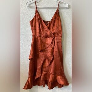 NWT Altar’d State Satin Jacquard Wrap Dress Rust Floral Ruffle Hem Size M